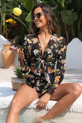 Black-Flower-Print-Halter-3-Pieces-High-Waist-Bikini-Sets