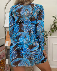 Blue-Floral-Print-Low-Waist-With-Cover-Up-Three-Pieces-Bikini-Set