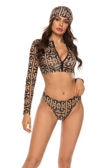 Brown-Print-Long-Sleeved-Front-Zipper-Three-Piece-Suit