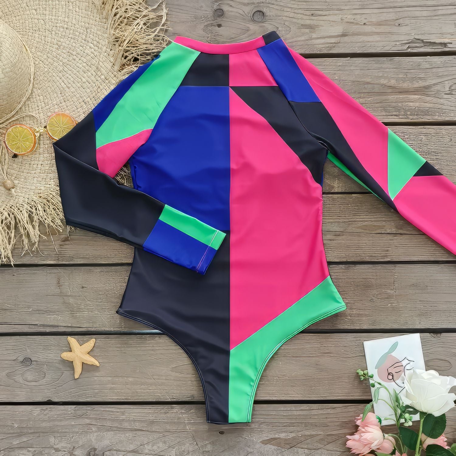 Color-Block-Long-Sleeve-Bathing-Suit-Surf-One-Piece-Front-Zipper
