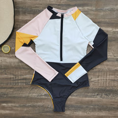 Color-Block-Long-Sleeve-Bathing-Suit-Surf-One-Piece-Front-Zipper