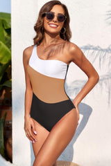 Color Block One Shoulder One Piece Swimsuit
