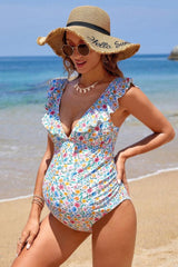 Floral Cap Sleeve Onesie Swimsuit for Pregnant Women