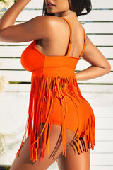 Fringe Trim Deep V Neck High Waisted Two Piece Swimsuit
