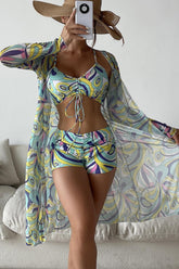 Lace-Up Boxer Pants Bikini Cover Up Three-Piece Set