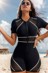 Mesh Front Zip Short Sleeve One Piece Swimsuit