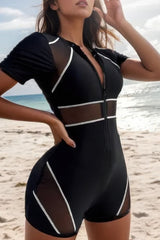 Mesh Front Zip Short Sleeve One Piece Swimsuit