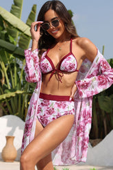 Pink-Flower-Print-Halter-3-Pieces-High-Waist-Bikini-Sets