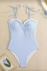 Seersucker Tie Shoulder One Piece Swimsuit