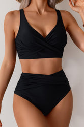 Solid Ruched High Waist Cross Push Up Two Piece Swimsuit