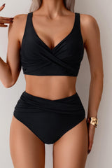 Solid Ruched High Waist Cross Push Up Two Piece Swimsuit