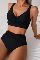 Solid Ruched High Waist Cross Push Up Two Piece Swimsuit