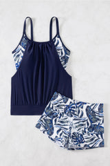 Floral Print Blouson Tankini Set Loose Fit Boy Shorts Two Piece Swimsuit