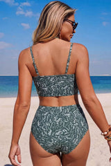 Leaf Print Drawstring High Waisted Bikini Set Ruched Two Piece Swimsuit