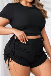 Plus Size Ribbed Short Sleeve Bikini Set Drawstring Boy Shorts Two Piece Swimsuit