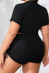 Plus Size Ribbed Short Sleeve Bikini Set Drawstring Boy Shorts Two Piece Swimsuit