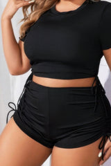 Plus Size Ribbed Short Sleeve Bikini Set Drawstring Boy Shorts Two Piece Swimsuit