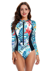 Green-Leaf-Long-Sleeve-Surf-Front-Zipper-Women-Swimsuit