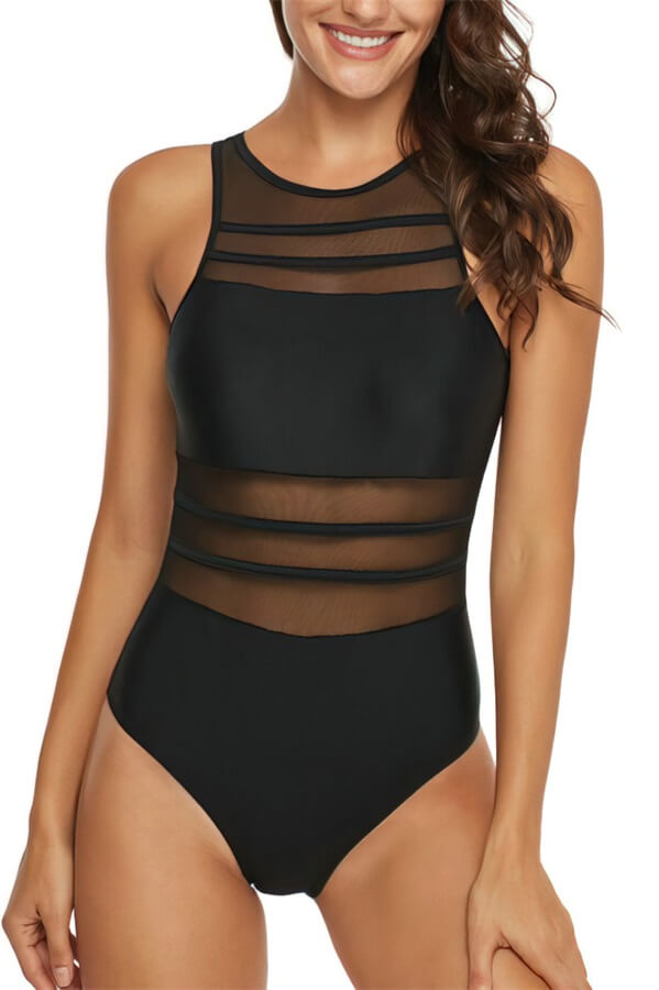 Sexy Black High Neck Mesh One Piece Swimsuit – BelaWave