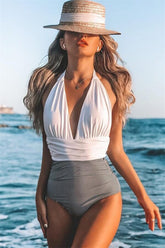 Stripe-Bottom-Deep-V-Pleated-One-Piece-Swimsuit-White