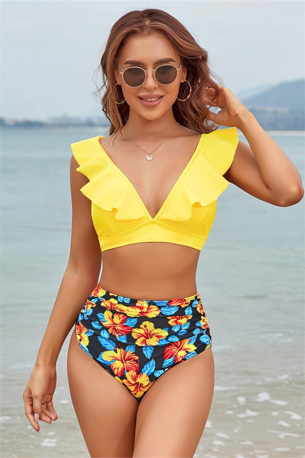 Yellow Ruffle Shoulder V Neck Top High Waisted Floral Bottom Two