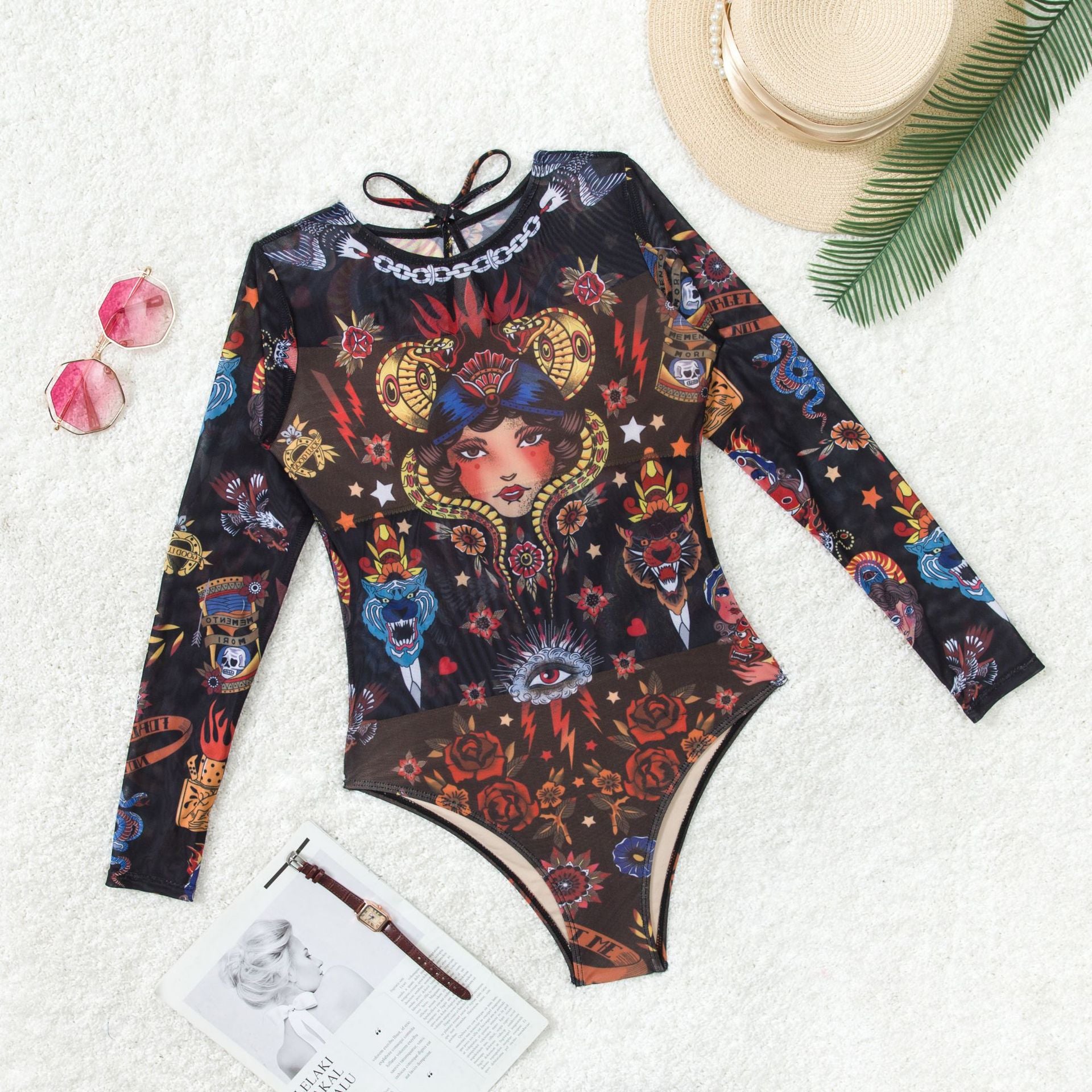 Traje de baño de una pieza de manga larga de malla