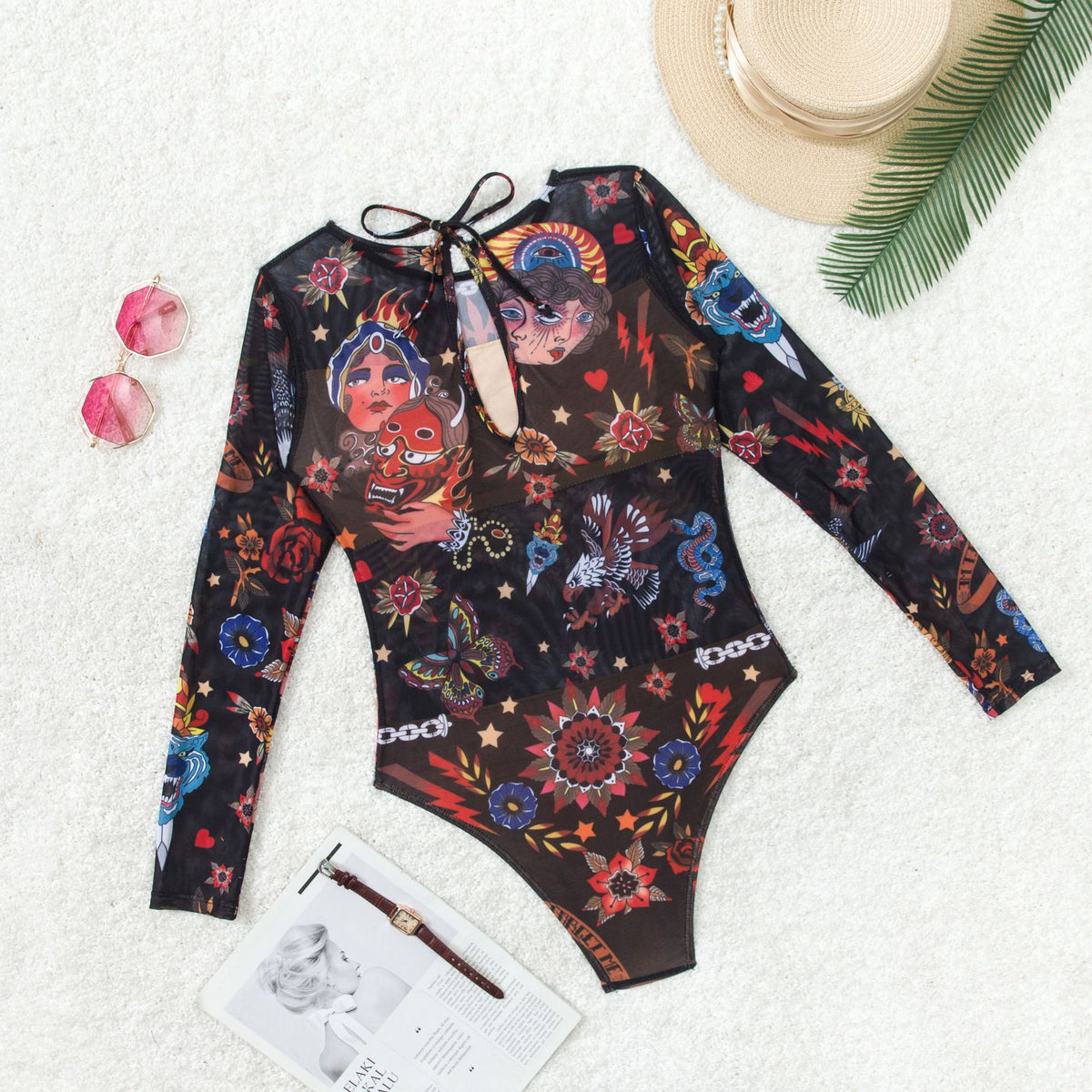 Mesh Long Sleeve One Piece Swimsuit