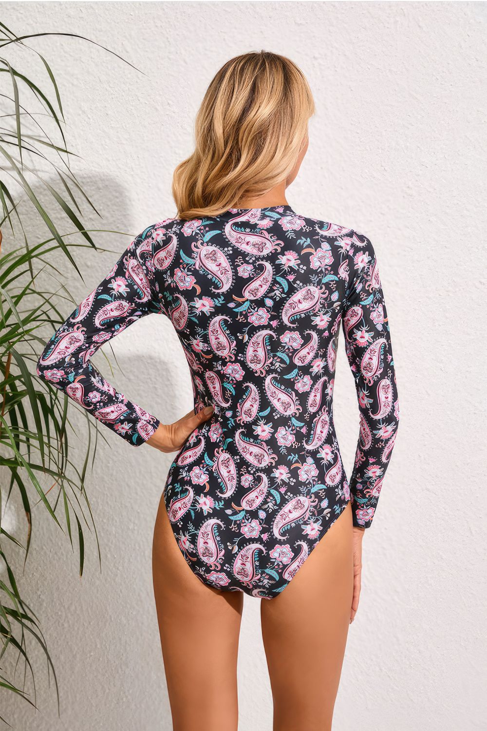 Women Black Print Long Sleeve Front Zipper Surf One Piece Swimsuit