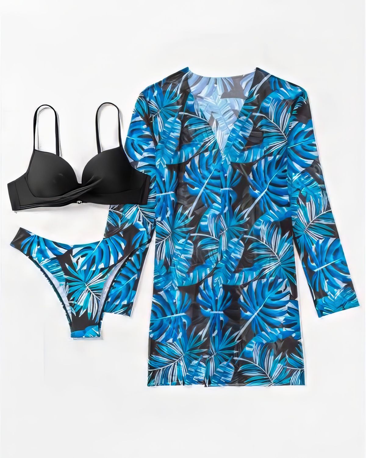 Blue-Floral-Print-Low-Waist-With-Cover-Up-Three-Pieces-Bikini-Set