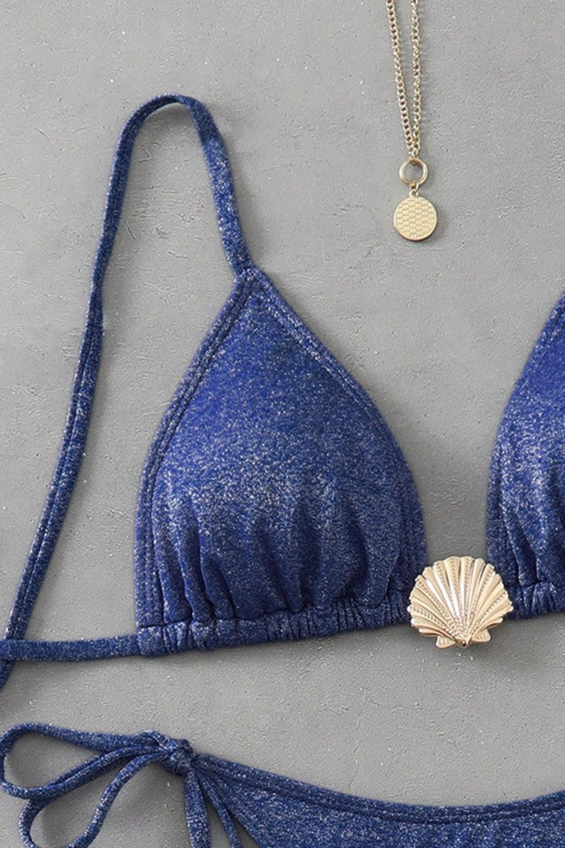 Blue Glitter Shell Decorative Bikini Swimsuit Two-Piece Set