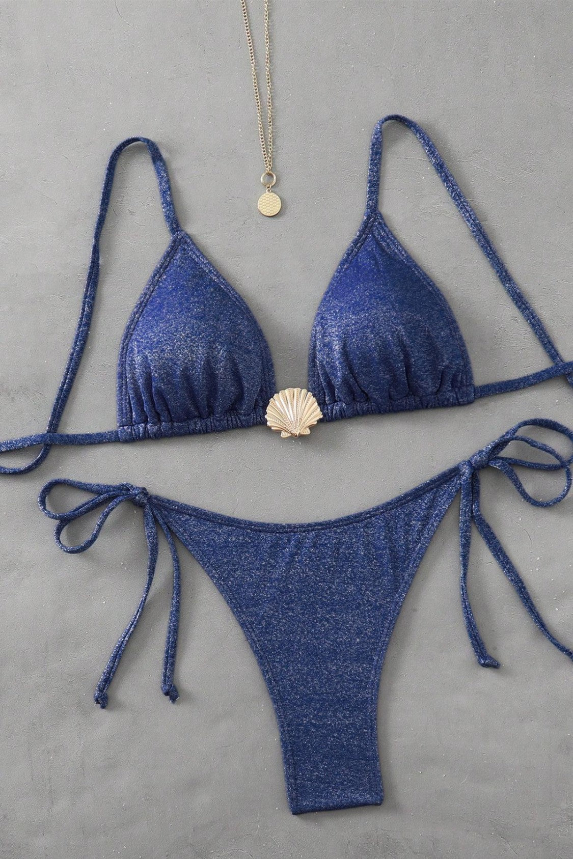 Blue Glitter Shell Decorative Bikini Swimsuit Two-Piece Set