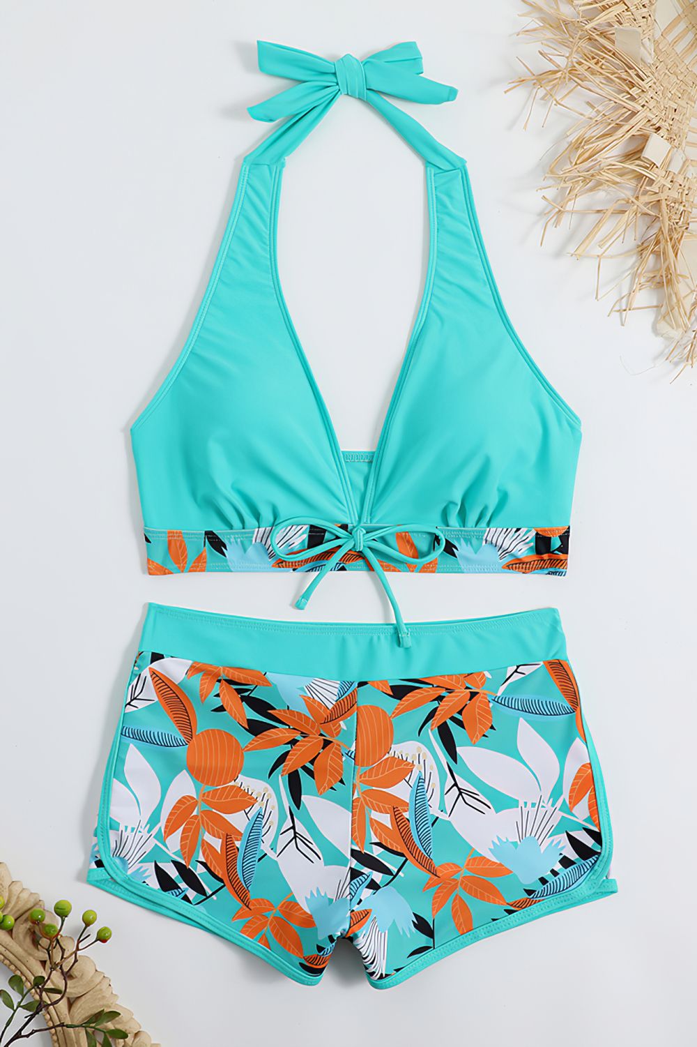 Blue-Push-Up-Bikini-Top-Boy-Short-Women-Two-Piece-Swimsuit