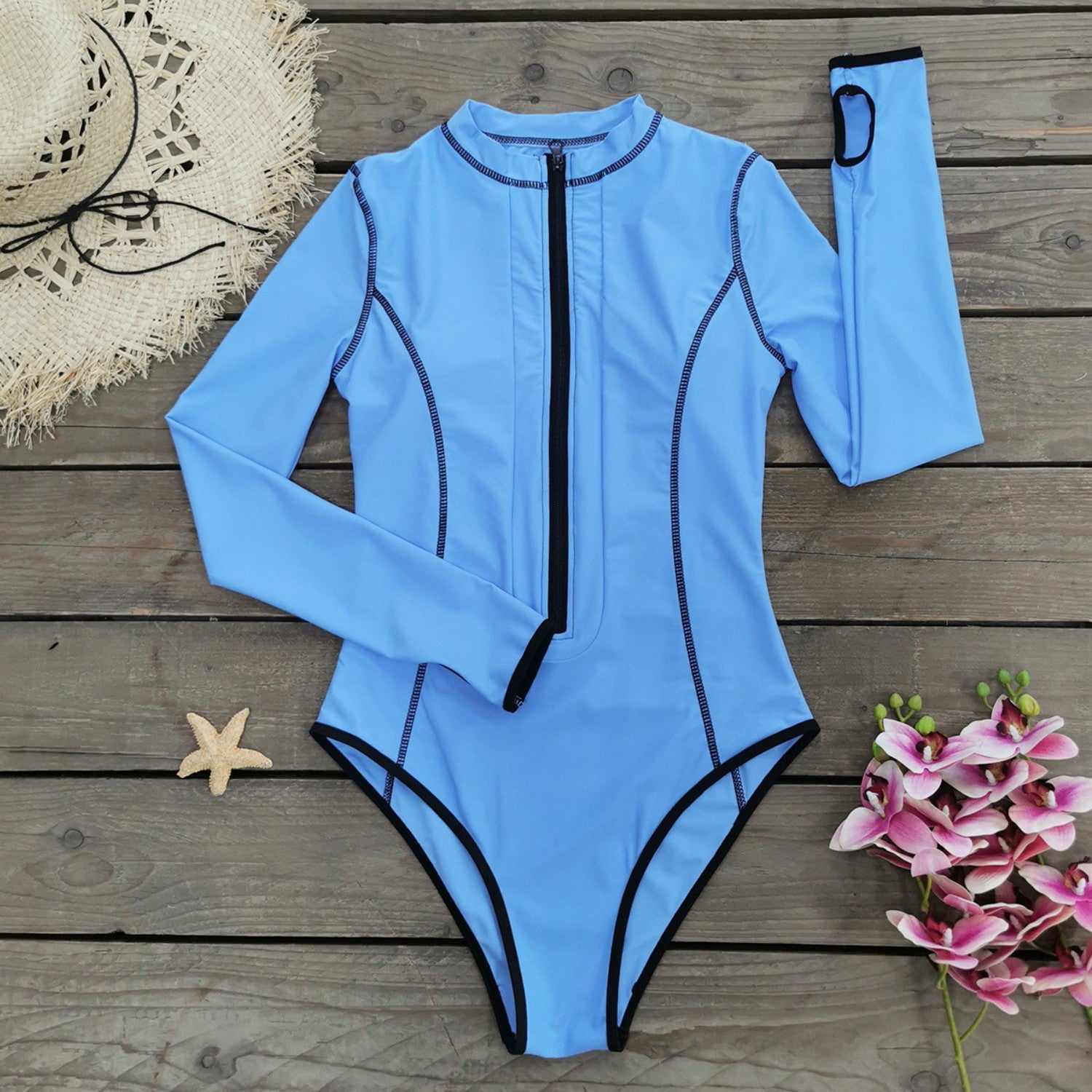 Blue-Rush-Guard-Long-Sleeve-Front-Zipper-One-Piece-Swimsuit