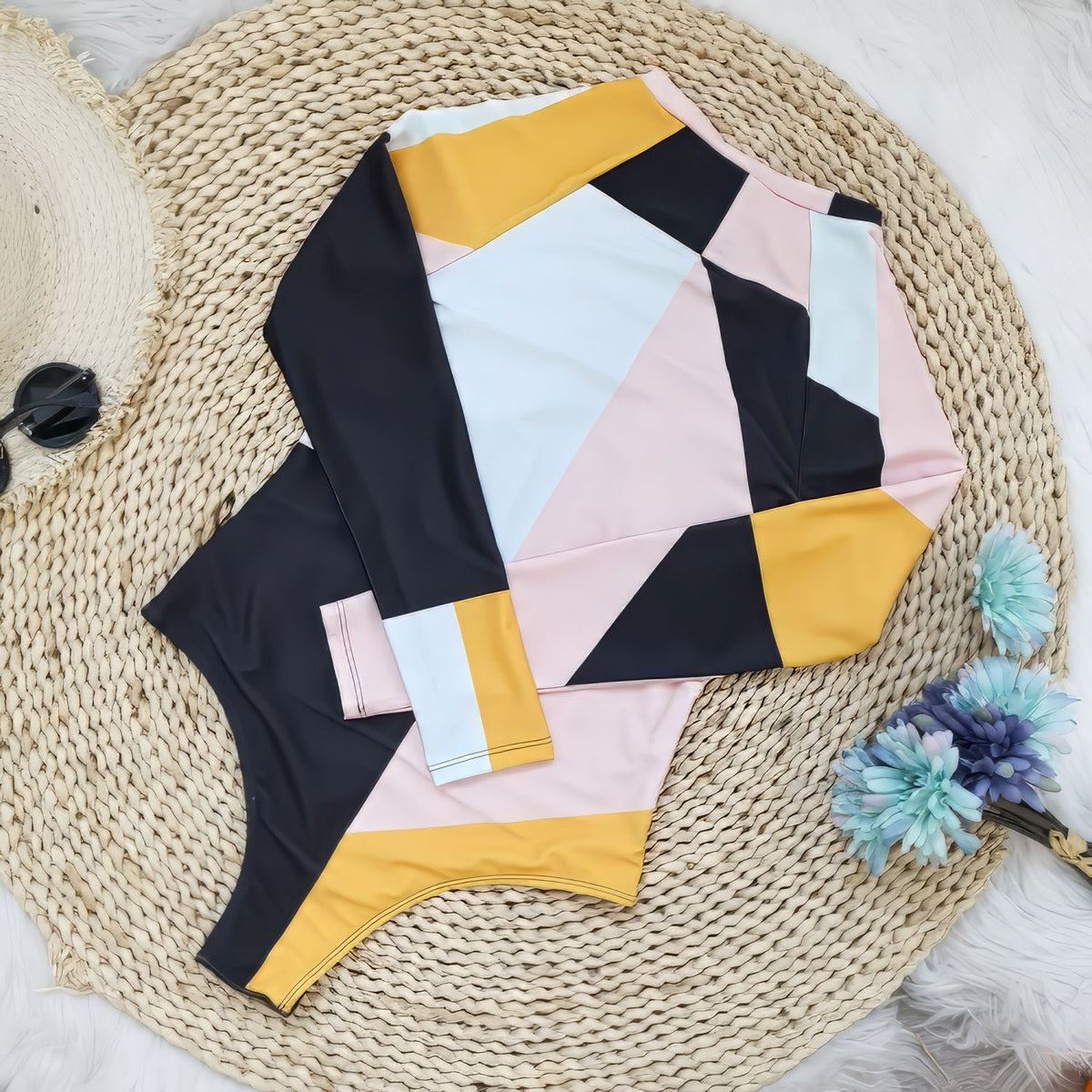 Color-Block-Long-Sleeve-Bathing-Suit-Surf-One-Piece-Front-Zipper