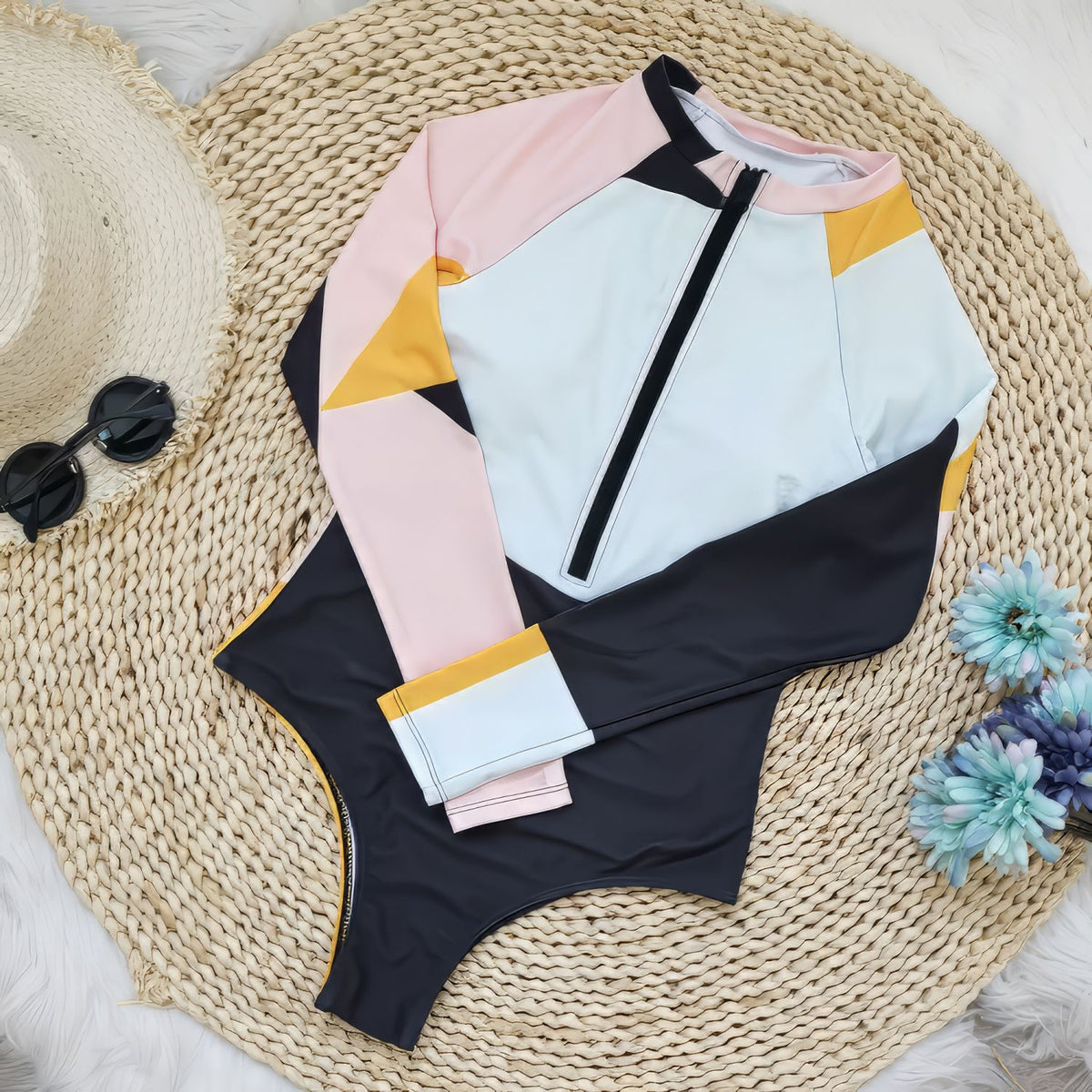 Color-Block-Long-Sleeve-Bathing-Suit-Surf-One-Piece-Front-Zipper
