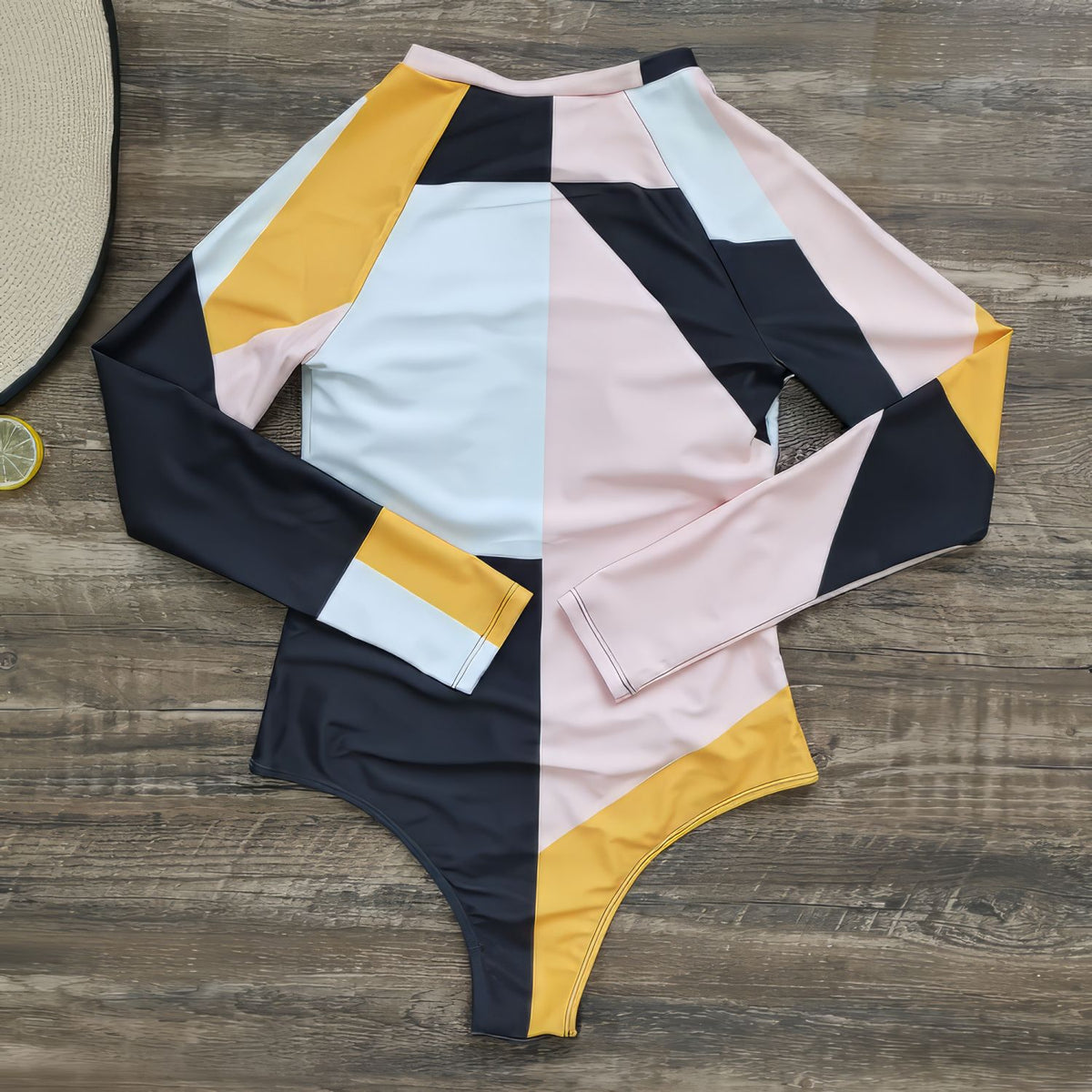 Color-Block-Long-Sleeve-Bathing-Suit-Surf-One-Piece-Front-Zipper