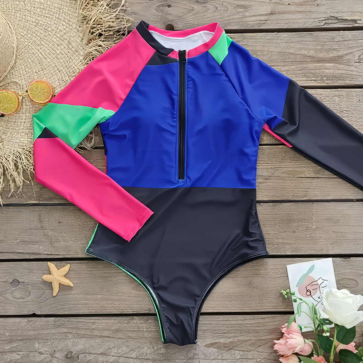 Color-Block-Long-Sleeve-Bathing-Suit-Surf-One-Piece-Front-Zipper
