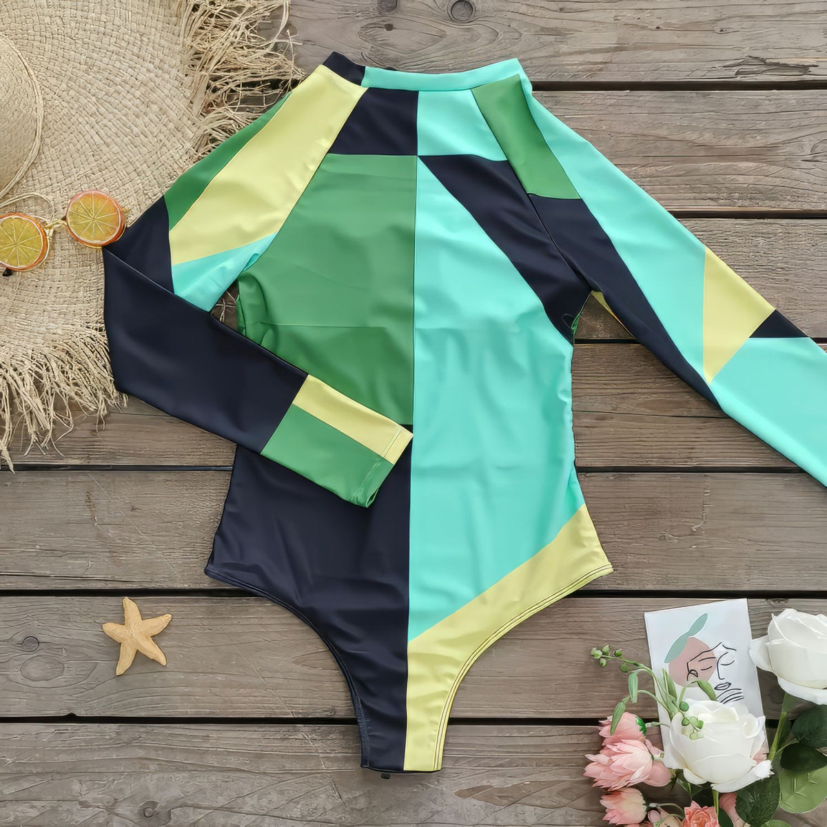 Color-Block-Long-Sleeve-Bathing-Suit-Surf-One-Piece-Front-Zipper