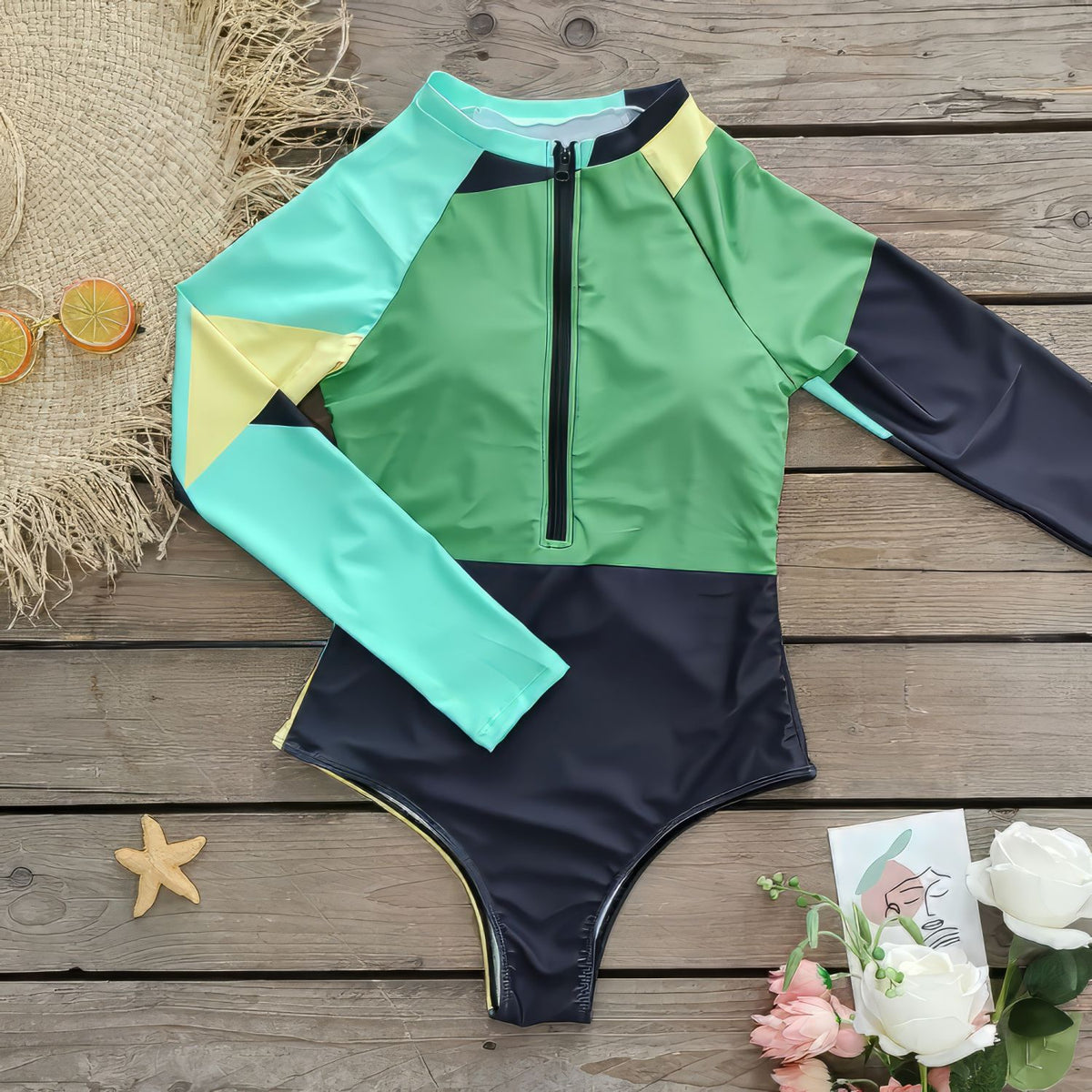 Color-Block-Long-Sleeve-Bathing-Suit-Surf-One-Piece-Front-Zipper