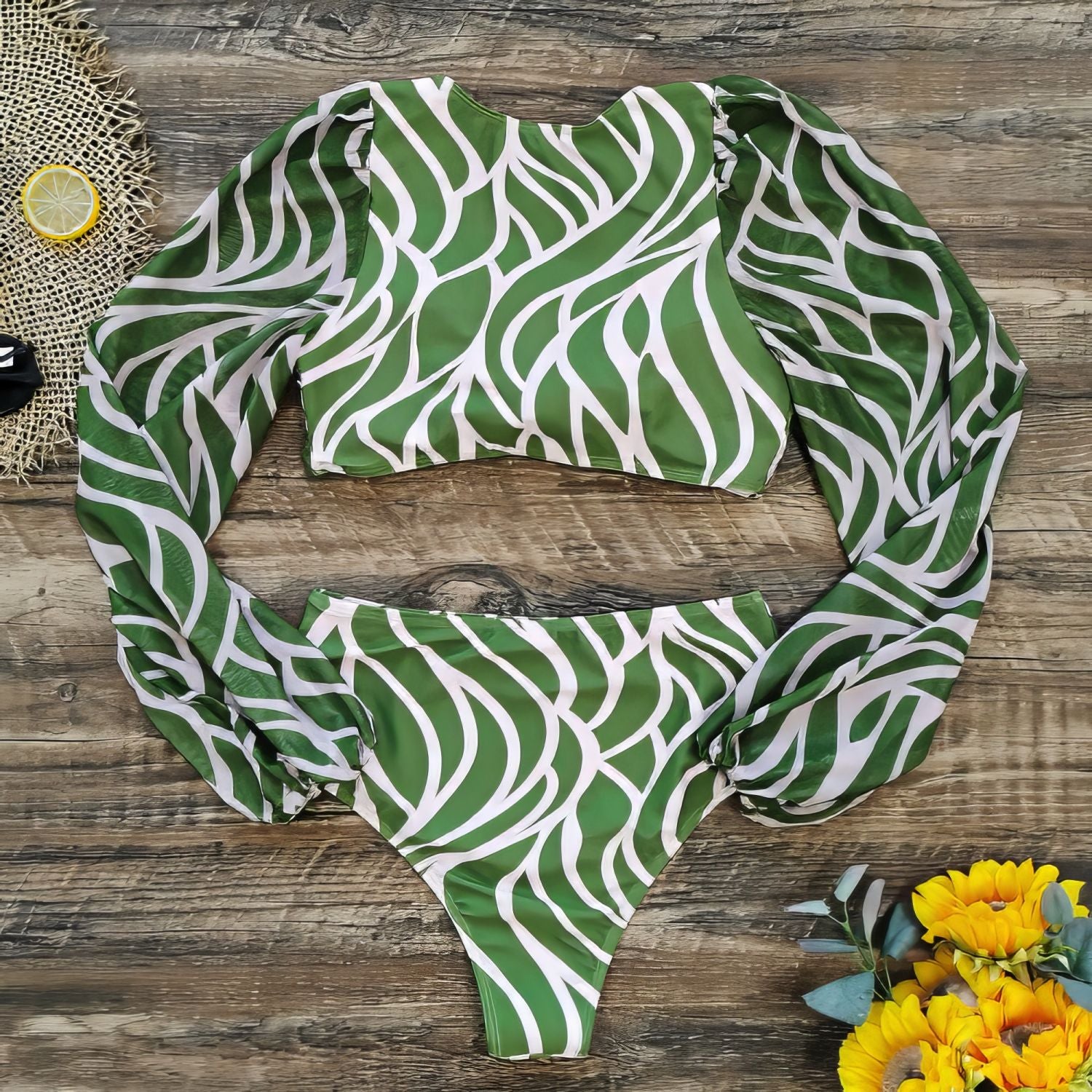 Green-Stripe-Crop-Tops-Long-Sleeve-High-Waist-Two-Piece-Swimsuit