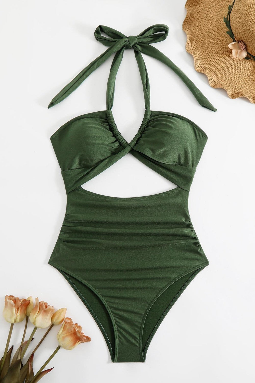 Halter Neck Cutout One Piece Swimsuit Ruched Monokini