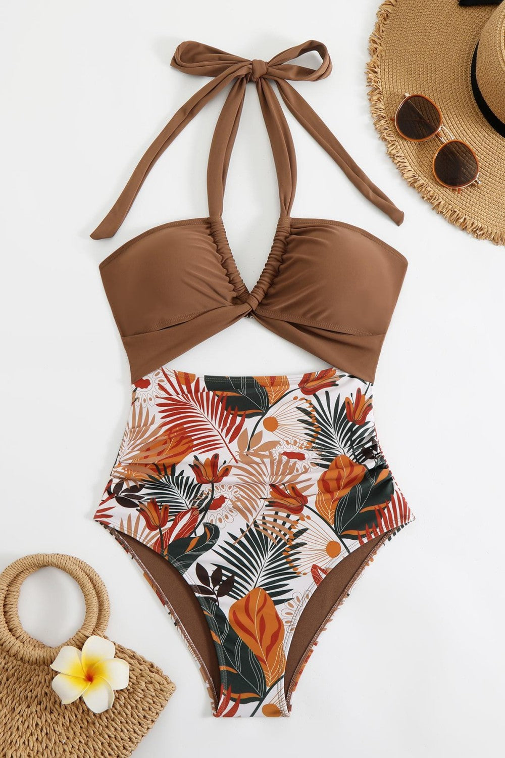 Halter Neck Cutout One Piece Swimsuit Ruched Monokini
