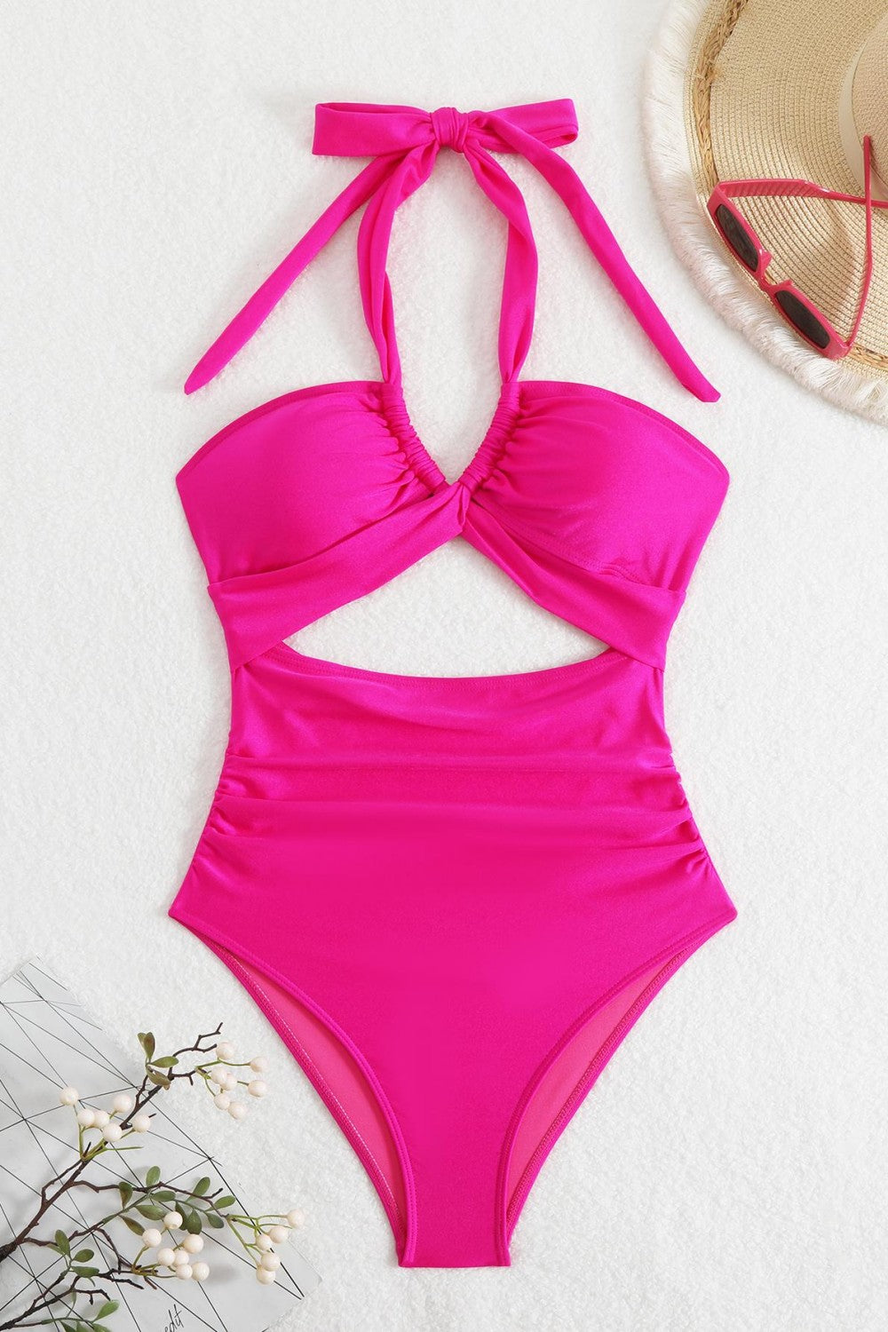 Halter Neck Cutout One Piece Swimsuit Ruched Monokini