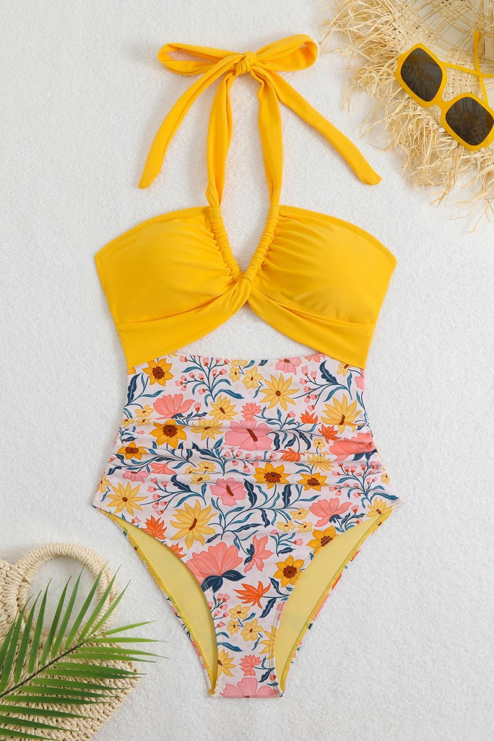 Halter Neck Cutout One Piece Swimsuit Ruched Monokini