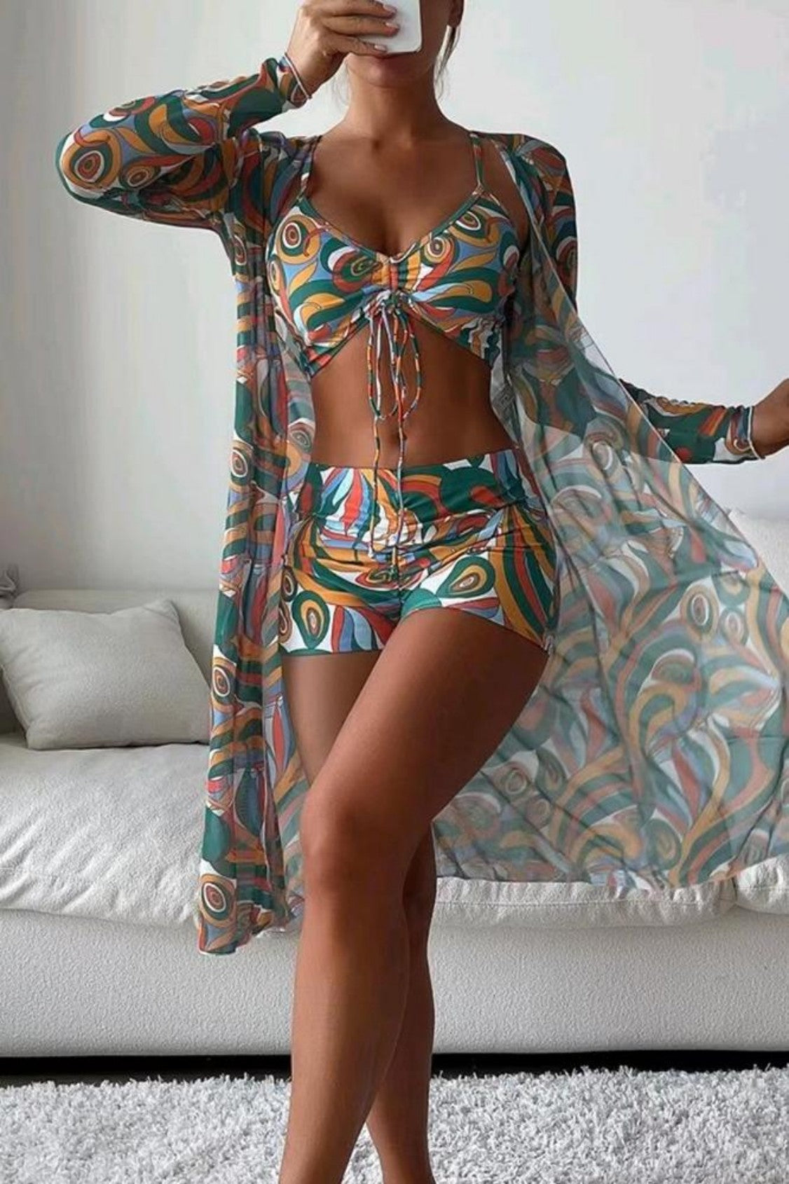 Lace-Up Boxer Pants Bikini Cover Up Three-Piece Set