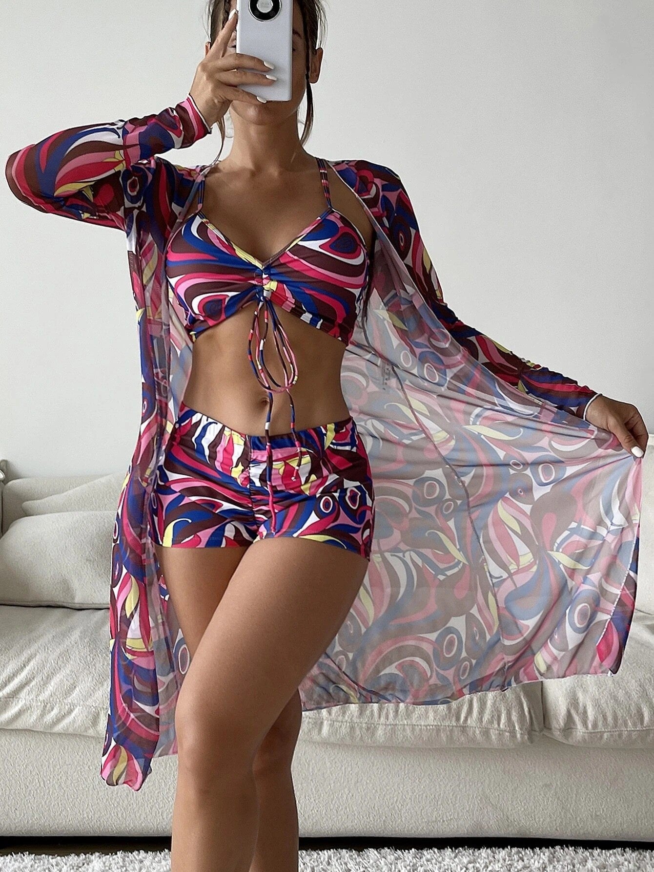 Lace-Up Boxer Pants Bikini Cover Up Three-Piece Set