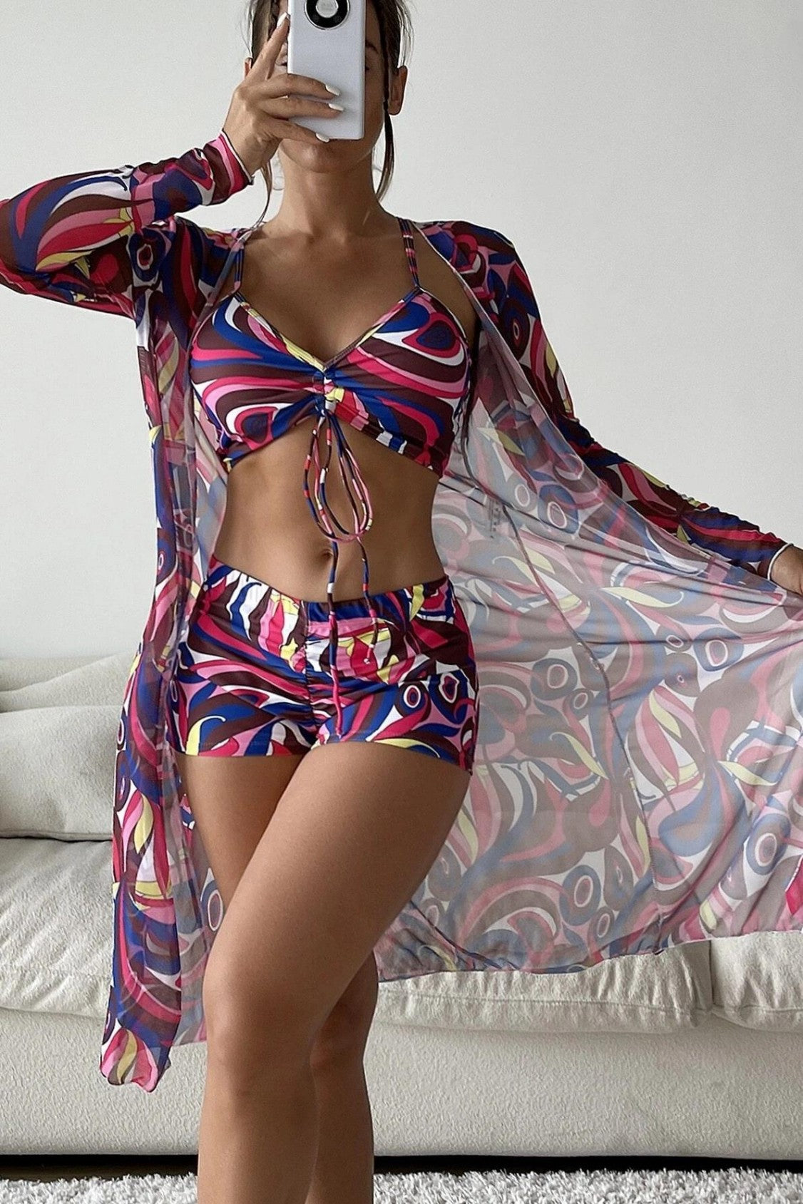 Lace-Up Boxer Pants Bikini Cover Up Three-Piece Set