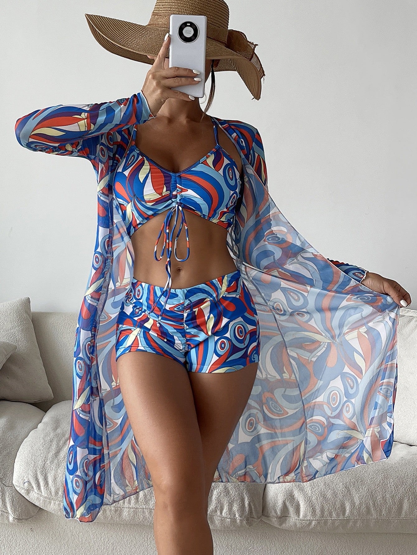 Lace-Up Boxer Pants Bikini Cover Up Three-Piece Set