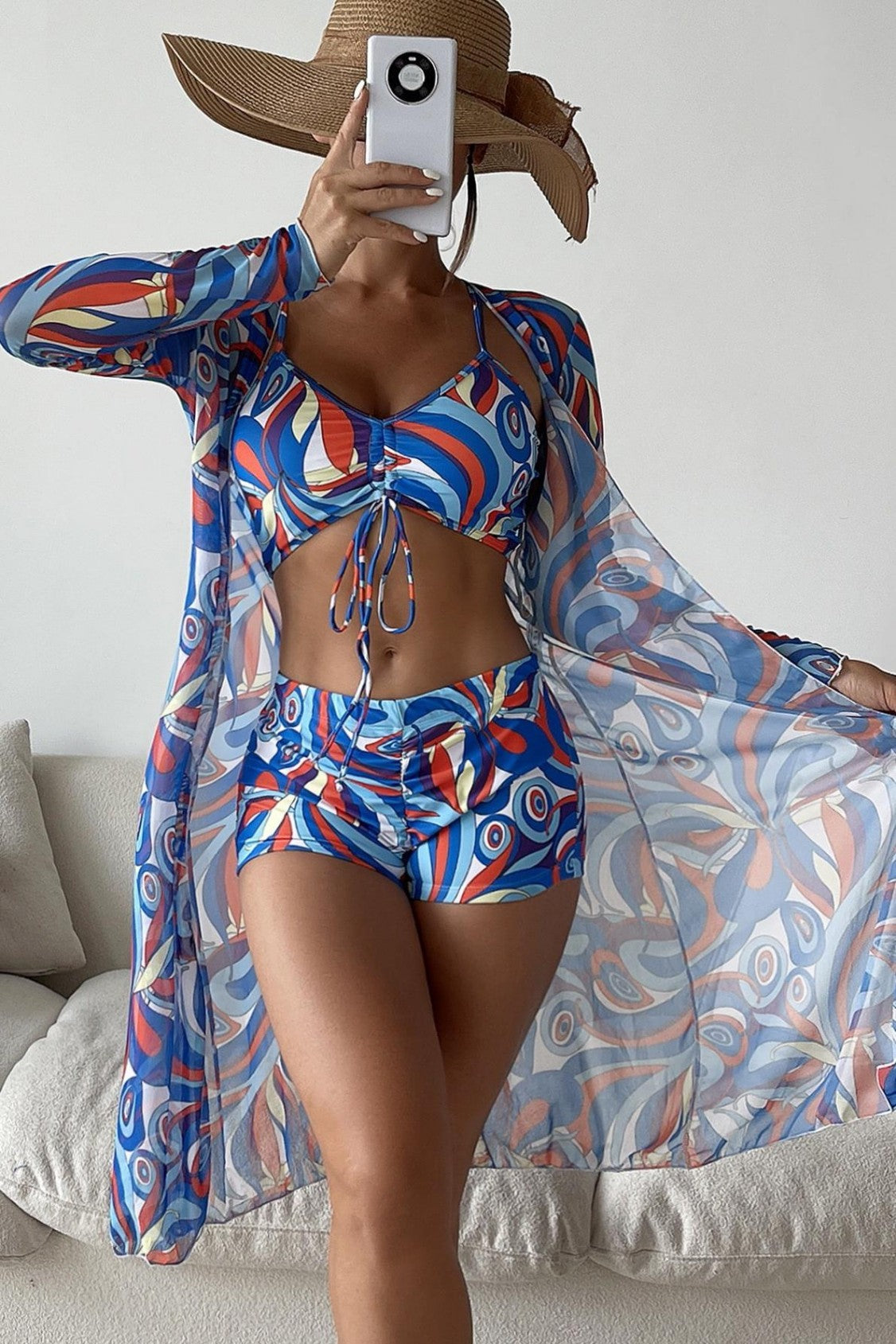 Lace-Up Boxer Pants Bikini Cover Up Three-Piece Set