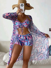 Lace-Up Boxer Pants Bikini Cover Up Three-Piece Set